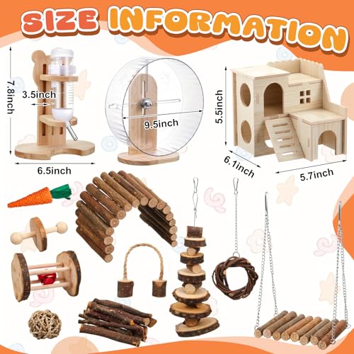 18 Pcs Hamster Accessories for Cages 10 Kinds Hamster Toys Set | Silent Hamster Wheel Maze Wood House Water Bottle Set for Rat Mice Small Animals Habitat Decor Enrichment(Mixed Play Form) - style: Mixed Play Style