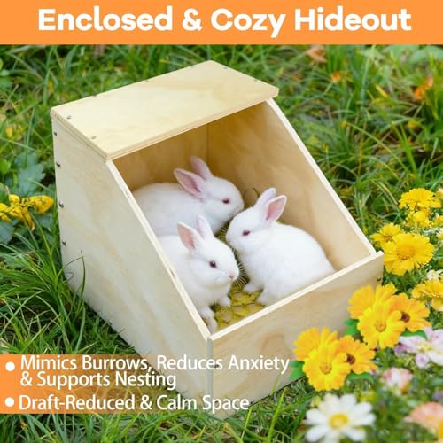 Wooden Rabbit Nesting Box, 16x11x11 inches Solid Wood Small Animal Hideout | Easy Assemble Breeding Maternity Shelter Burrow Den for Rabbits, Guinea Pigs, Chinchillas, Cats&Chickens or Other Small Pets