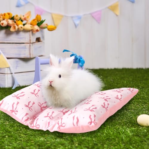 JarThenaAMCS 14.6x14.2 in Rabbit Bed Thickened Soft Bunny Concave Bed Pink Bow Reusable Cuddle Cushion Plush Mat Small Animal Washable Mat Pillow for Guinea Pig Hamster Chinchilla Ferret Accessory