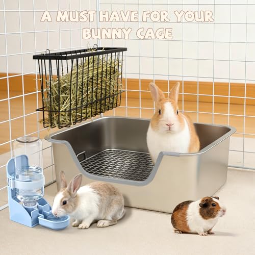 BWOGUE Stainless Steel Rabbit Litter Box, Bunny Litter Box with Hay Feeder | Raised Grid Separates Waste, High Sides Help Reduce Mess, Hay Feeder & Waterer, Easy to Clean, Guinea Pigs & Small Pets - size: S:15.7in ×11.8in × 5.9inches