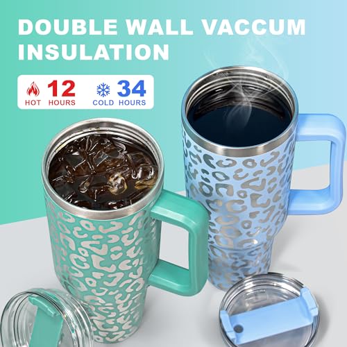 40 oz Tumbler with Handle and Straw, 100% Leak-Proof Travel Mug, Stainless Steel Double Wall Vacuum Insulated Coffee Cup Keeps Cold For 34 Hours, Full Black Leopard - color: Full Black Leopard