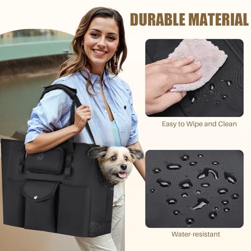 SlowTon Dog Purse Carrier - Portable Dog Carrier with Pockets & Safety Leash for Small Dogs Under 12 lbs, Breathable Pet Tote Bag for Cat Rabbit Outing, Travel, Vet (Black)