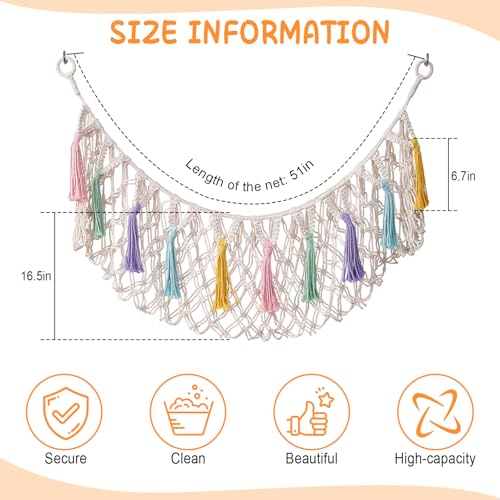 Bohemian Stuffed Animal Hammock, 51" Large Toy Storage Net for Plush Toys, Kids Room & Nursery Wall Hanging Organizer, Macrame Corner Storage, Baby Girl Room Decor Gift.