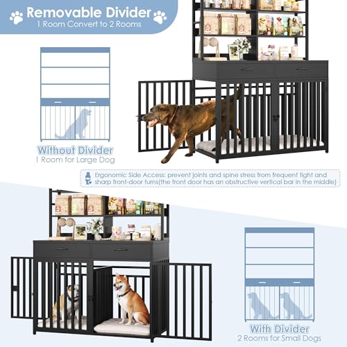 Keyluv 71''H x 47.2''W Large Dog Crate Furniture with 4-Tier Shelves and 2 Storage Drawers, Heavy Duty Dog Cage Furniture with 2 Doors, Wood & Metal Dog Kennel Indoor for Small/Medium/Large Dog, Black - color: Black