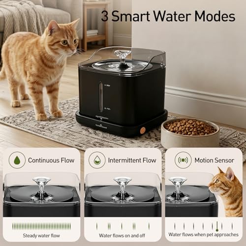 Cat Water Fountain, 2.2L Automatic Pet Water Fountain for Cats and Small Dogs, 2.4GHz WiFi App Control, Rechargeable Motion Sensor, 3 Water Modes, Detachable Tank, Black - color: BLACK