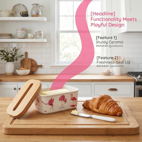 Cute Flamingo Print Ceramic Butter Dish with Bamboo Lid & Butter Knife, Covered Butter Keeper Container Fits Standard Western Butter Stick for Kitchen Countertop Fridge Storage - color: Flamingo