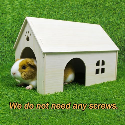Amonk Guinea Pig Hideout 15x9x10 inch Large Size Wooden House with Window and Roof Wood Hut Habitats Decor for Bunny, Chinchillas, Dwarf Rabbits, Hamsters, and Other Small Pet Animals