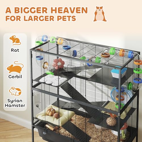 PawHut Large Hamster Cage with Deep Tray, 5 Tier for Syrian Gerbil Mouse | Rolling Rat Cage, Storage Shelf, Big Exercise Wheel, Tube System, Hut, Platforms, Ramps, Food Dish, Water Bottle - size: 32.3"L x 18.1"W x 59.1"H
