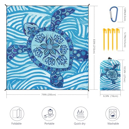WIWIGO Beach Blanket Mat Waterproof Sandproof for 2-8 Adults Quick Drying | Extra Large, For 2-8 Adults,Windproof, Outdoor Picnic Mat, Beach Accessories Must Have,Gifts, for Travel, Camping, Hiking - color: Blue Sea Turtle - Line Base, size: 79" X 83"（1-4