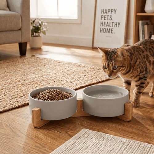 SPUNKYJUNKY Ceramic Dog and Cat Bowl with Wood Stand Non-Slip Matte Glaze Weighted Food Water Set for Cats &Small Dogs 13.5OZ - color: Grey × 2, size: 1.7 cups