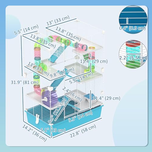 PawHut Large Hamster Cage 6 Tier, 32" DIY, Dwarf & Gerbil, Light Blue | Small Animal Cage, Tubes and Tunnels, Hut, Wheel, Food Dish, Water Bottle, Ramps