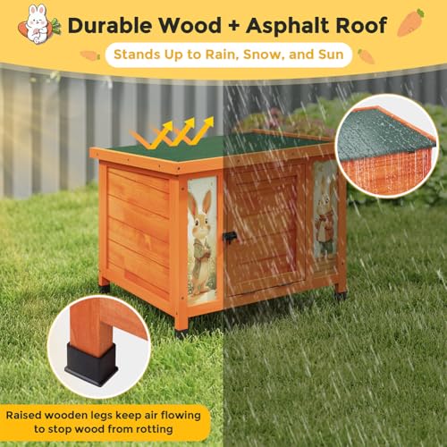 COZIWOW 24 Inch Rabbit Hutch Outdoor, Weatherproof Cat House, Bunny Cage Indoor with Non-Slip Ramp, Portable Wooden Shelter for Rabbits, Feral Cats, Chicken, Duck & Other Small Animals (Orange) - color: Orange w/printing