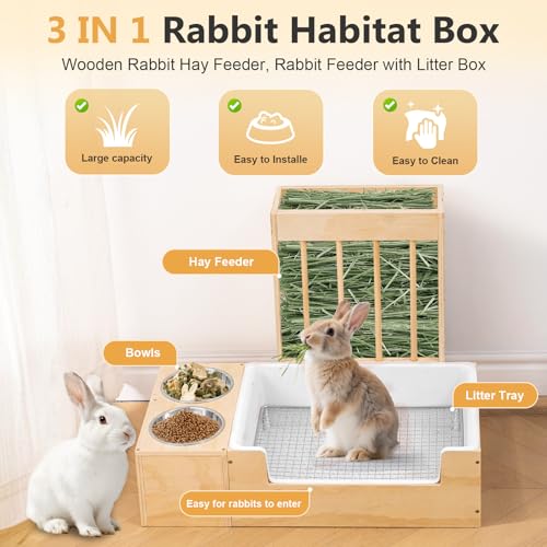Extra-Large 3 in 1 Rabbit Litter Box with Hay Feeder and Bowls Set, Wood, Mess Proof, for Guinea Pigs, Chinchillas, Hamsters, and Rabbits