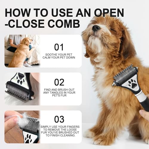 2-in-1 Fine&Wide Tooth Pet Dematting Comb for Dogs&Cats | Stainless Steel Blade,Penguin Handle,Deshedding Dog Brush,Undercoat Rake for Short&Long Haired Pet,Remove Loose Hair Tangles