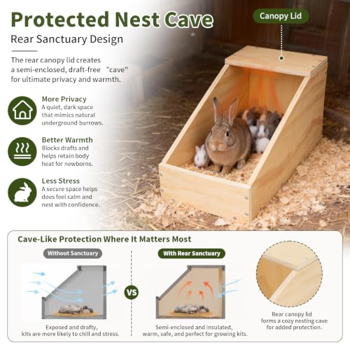 Rypet Wooden Rabbit Nesting Box for Breeding(15.7 x 11.4 x 11.4 Inch) | Low-Step Entry Anti-Crush Design, Enclosed Rear Sanctuary, Chew-Resistant, for Small Animals bunny box - size: 15.7"L x 11.4"W x 11.4"H