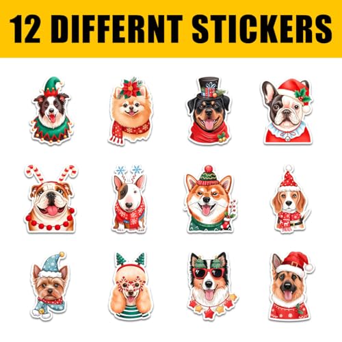 12 Pcs Christmas Dog Stickers, Holiday Puppy Decals Featuring Festive Dogs with Santa Hats, Scarves, Gifts Stickers for Laptop, Bottle, Notebook, Wrapping, Scrapbook, Holiday Crafts 7 Inches - color: Dog 1, size: 7 Inches