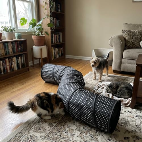 Cat Tunnel Collapsible, More Interactive Indoor Play Toy Tube for Cats & Kittens with Hanging Ball and Peekaboo Holes(S) - size: S