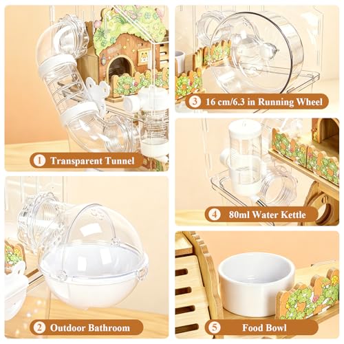 Acrylic Hamster Cage 2-Layer Dwarf Hamster Cages and Habitats Clear Syrian Hamster House with 360° Transparent Viewing, Running Wheel & Hideout, 23.2''L*9.2''W*12.8''H