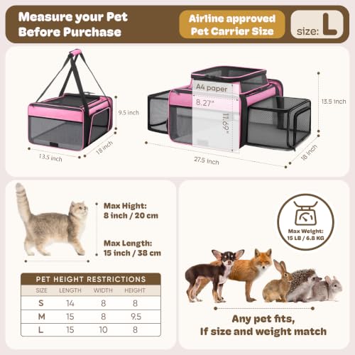Top and 2 Sides Expandable Cat Carrier 18x13.5x9.5 TSA Airline Approved | Dog Carriers for Small Dogs, Soft-Sided Pet Carrier, Anti-Scratch Mesh, Lockable Zippers, for Kitten, Rabbit, Puppy, Pink - color: Pink, size: 18.0"L x 13.5"W x 9.5"H