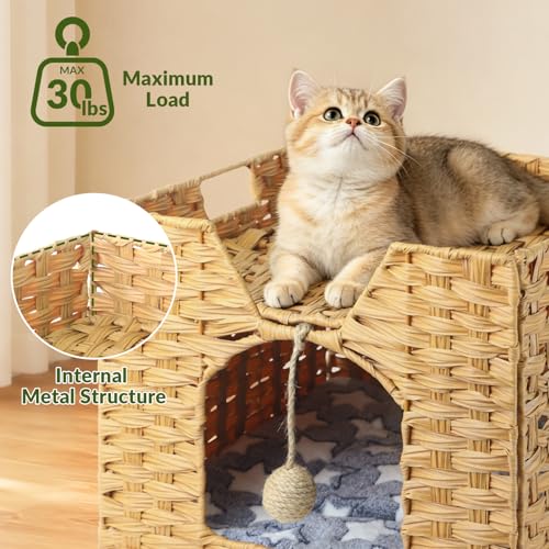 Handwoven Rattan Cat Bed Indoor Kitten, Cat Bed Cave with Cushion, Sisal Ball & S-Shaped Hooks, Foldable Hideaway Cat House for Bedroom Living Room, Natural - color: Natural A