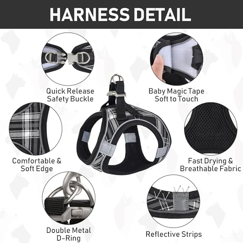 GAMUDA Small Dog Harness Collar and Leash Set, Step in No Chock No Pull Soft Mesh Adjustable Dog Vest Harnesses Plaid Reflective for Dogs Puppy Cats Kitten Rabbit (Black, XS) - color: Black, size: XS