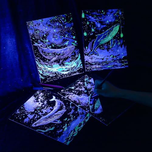 Gersoniel 8 Pack Scratch Paper Art Glow in The Dark Scratch Kit for Adult Rainbow Painting Paper Sheet with Pen / Cleaning Brush Noctilucent Engraving Scratchboard for Adults Craft Gift, Stress Relief - color: Whale,Jellyfish