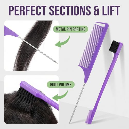 Slick Back Hair Brush Set, Purple 3-Piece Rat Tail Brush Teasing Comb with Metal Pin and Edge Brush Comb for Parting Smoothing and Styling at Home or Salon - color: purple