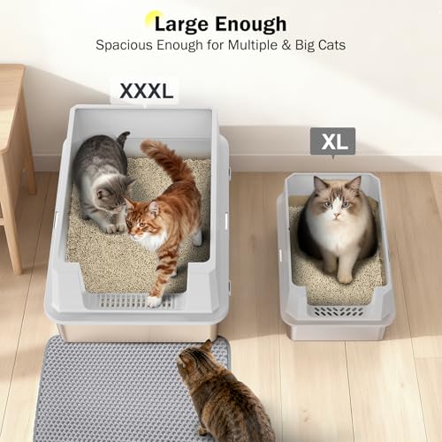 Stainless Steel Litter Box Extra Large for Big Cats Multi-Cats, Jumbo Extra Large Metal Cat Litter Box with High Sided Lid, Anti-Urine Leakage, Non-Stick,Include Litter Scoop - color: Silver Grey, size: XXXL