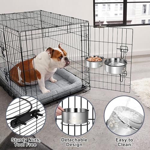 Water Bowl for Dog Crate, ShineMe 34oz & 25oz Stainless Steel Dogs Bowls, Dog Food and Water Bowl Set Mountable in Crate Kennel Cage, 2 Pack, Silver (6.2x2.6” & 5.5x2.4”) - color: Silver, size: M (34oz+25oz)