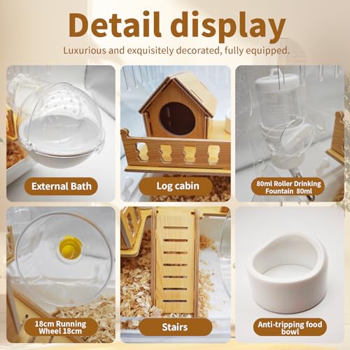 Acrylic Hamster Cage, 2-Tier Hamster Cage with Wooden Accessories for Dwarf Syrian Hamsters,14"x10"x*11" Clear Pet Mice Small Hamster Habitat Gerbils House