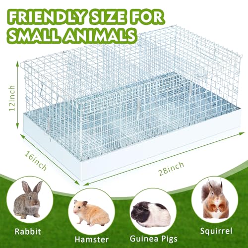 DoubleFill 4 Hole Foldable Rabbit Transport Cage, 28 x 16 x 12 in Portable Metal Bunny Carrier with Tray & Handles for Travel Temporary, Small Animal Cage for Guinea Pigs Hamster Indoor Outdoor - color: Sliver, size: 28.9"L x 21.3"W x 3.5"H