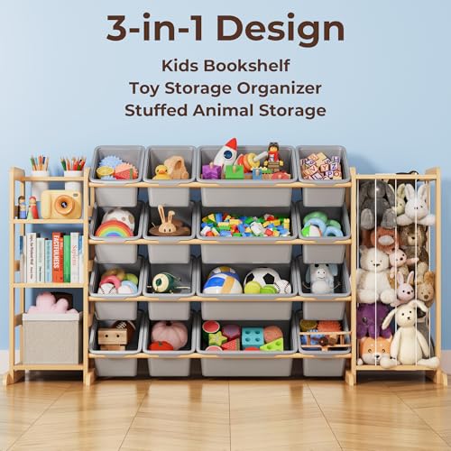 Toy Storage Organizer with Bookshelf and Stuffed Animal Storage - Kids Playroom Organization with Shelves and 16 Toy Bins - Toddler Living Room Toy Box for Lego - Nursery Bedroom Decor Essential - color: Grey, size: 67"W,3 Shelves,16 Bins