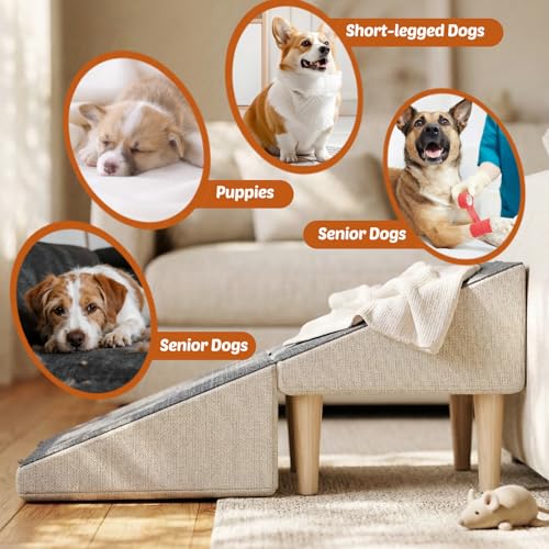 Foldable 15 Inch Dog Ramp, Ramply Split Ottoman with Detachable Washable Treads, 2-in-1 Folding Pet Ramps Stairs for Couch and Bed, Sturdy Ramp for Cats and Small to Medium Dogs - color: Khaki