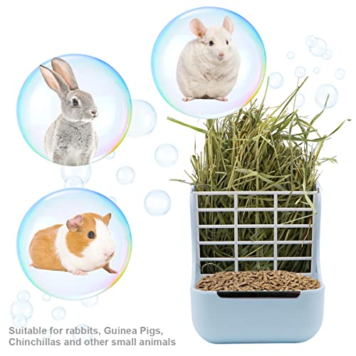 Litewoo Rabbit Hay Feeder 2 in 1 Automatic Guinea Pig Food Bowl, Blue | Bunny food bowl & hay rack, durable plastic, chew-resistant, for small animal/chinchilla/cage, 5.9x6.7x7.09in, easy to clean - color: Blue
