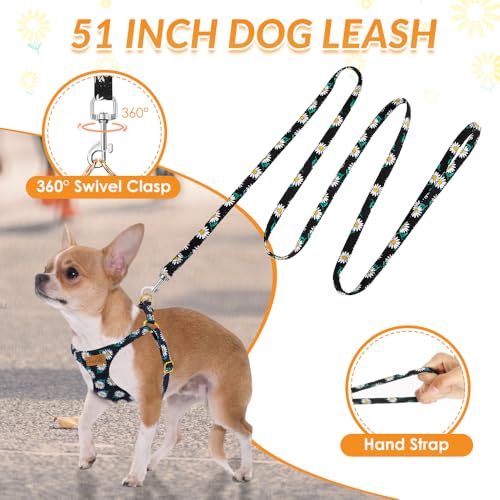 Lukovee Puppy Harness and Leash Set, No Pull, Lightweight Step in Vest | Adjustable, Soft Suede Vest, Easy Put on and off Pet Harness with Snap Buckle & 51in Leash for Small Medium Dogs (Black, XXS) - color: ·Black Daisy, size: XX-Small ( 2.2-6lb )