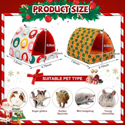 UPINS 2 Pack Christmas Guinea Pig Hideout,Guinea Pig Bed | Washable Small Animal House Cage Accessories,for Chinchillas Hamsters Hedgehogs Ferrets Bearded Dragons and Rats - color: Red Green Yellow, size: 6.8 x 7.4 inch