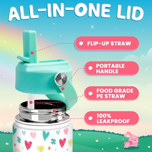 SANDJEST Kids Water Bottle with Straw Lid - Insulated 12 Oz Stainless Steel Water Bottles for Girls - Heart Water Bottle Travel Cup for School Sports - color: Heart