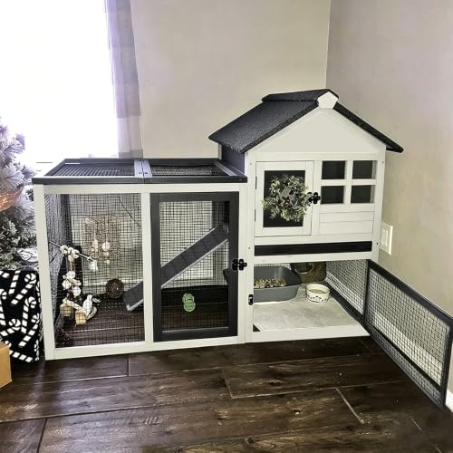 Aivituvin Rabbit Hutch Indoor Bunny Cage Outdoor with Run Chicken Coop Guinea Pig House with Waterproof Asphalt Roof,No Leakage Pull Out Tray(White) - color: White, size: 51.6"L x 25.2"W x 36.2"H