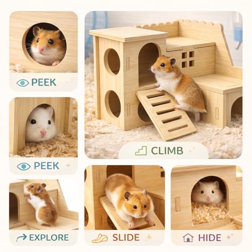 Tiny Hamster Maze Wood House Fun Slide House Double-Decker Hut for Dwarf Gerbil Mouse Mice Rat Small Animals(Only for Small Hamster)