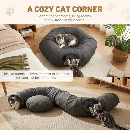 Cat Tunnel Bed for Indoor Cats, Cooling Natural Linen Cat Tunnel 29.5in | Breathable Kitten Toys Cat Tunnel with Washable Mat, Round Pet Tunnel for Kittens, Squirrels Dark Grey - color: Dark Grey, size: Medium