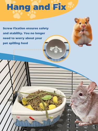 Chinchilla Food Bowl Ceramic Guinea Pig Cage Feeder Hanging Bunny Food Dish Small Animal Feeding Bowls for Syrian Hamster Ferret Gerbils (Blue) - color: Blue