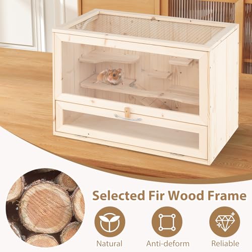 PETSITE Hamster Cage Chewproof, Wooden Hamster Habitat Playpen with Mesh Flip Roof, Multiple Ladder Areas, Ramp Design, Acrylic Panel, and Lockable Door, 23.5 x 14 x 16.5 Inches (L x W x H)