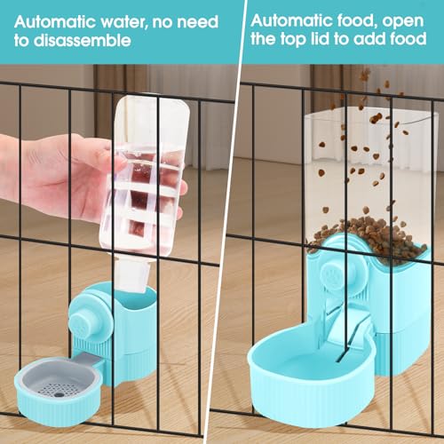 Yummy Sam Hanging Cage Automatic Small Pet Food Bowl Water Bottle Dispenser, Detachable Auto Gravity 1.2L Self-Feeding Feeder and 0.52L Waterer Set Kennel Feeding Station for Puppy Cats(Sky Blue) - color: Sky Blue