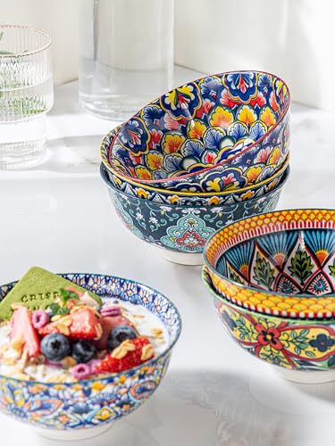 HENXFEN LEAD Boho Ceramic Dessert & Snack Bowls Set of 6, 10 oz | Assorted Patterns, Ideal for Ice Cream, Yogurt, Fruit, Nuts, Rice & Side Dishes, Microwave & Dishwasher Safe - size: 10 Oz