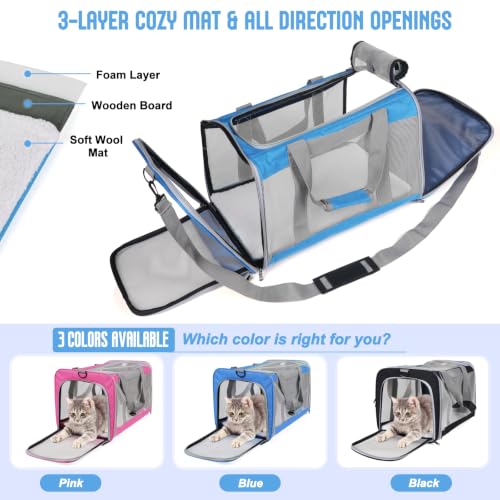 Pet Carrier for Large Cats of 16 Lbs, Collapsible Carrier Bag for Medium Cat or Kittens,Soft Sided Puppy Carrier with Sturdy Travel Transport Strap, Adequate Ventilation, 4 Mesh Windows (Blue) - color: Blue