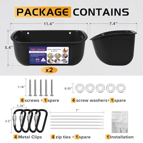 Goovilla Chicken Feeder Waterer, Hanging or Screw-in, 2 Pack 5 Quart, Black | With Clips and Screws, Goat Feeding Supplies, Duck Piglet Sheeple Coop Dog Livestock Poultry Plastic Feeder Trough Bucket - color: Black, size: 5 Quart