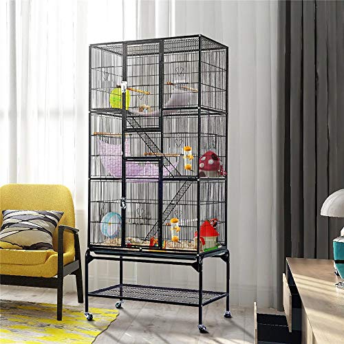 Yaheetech 69-Inch Extra Large Wrought Iron 3 Levels Ferret Chinchilla Sugar Glider Squirrel Small Animal Cage with Cross Shelves and Ladders, Black - color: Black