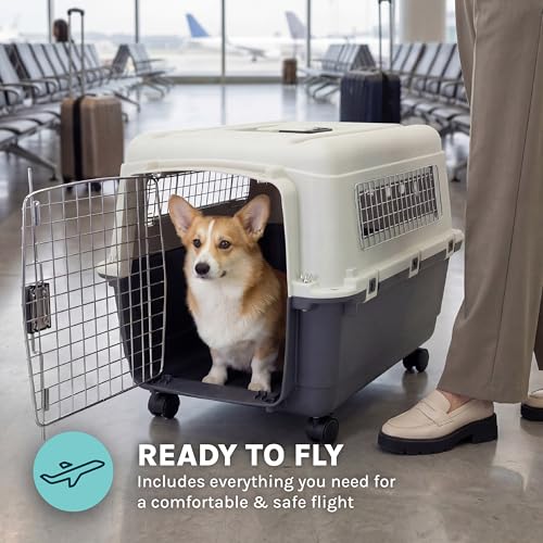 SportPet Airline Compliant MEDIUM 24.25" Travel Dog Kennel-Durable Plastic Airline Pet Carrier w/Removable Wheels & Food Bowls, Collapsible Indoor/Outdoor Dog Kennel, Dogs up to 23"L & 15"H-Cream/Gray - color: Cream/Gray