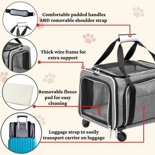 Airline Approved Expandable Premium Pet Carrier on Wheels- Two Sided Expandable Rolling Carrier- Designed for Dogs & Cats- Extra Spacious Soft Lined Carrier! (Grey) - color: GREY