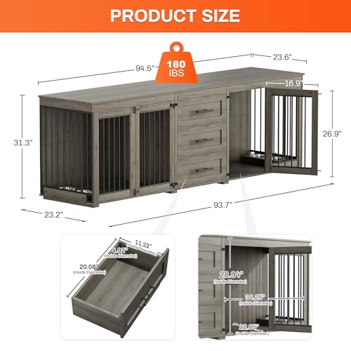 Rophefx 94.5" Dog Crate Furniture for 2 Dogs, Wooden Kennel TV Stand,Grey | Indoor double dog house with 3 storage drawers, 4 feeding bowls, lockable doors, and a wide top for large and medium dogs - color: Grey